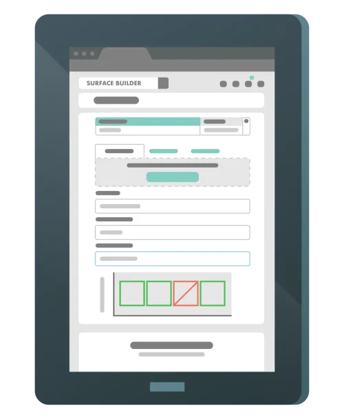 Tablet graphic displays a "Contact Builder" web form with input fields and status boxes.