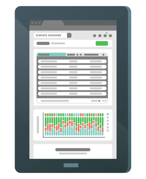 Tablet displaying a user interface with data lists and a colorful stacked bar chart graphic.